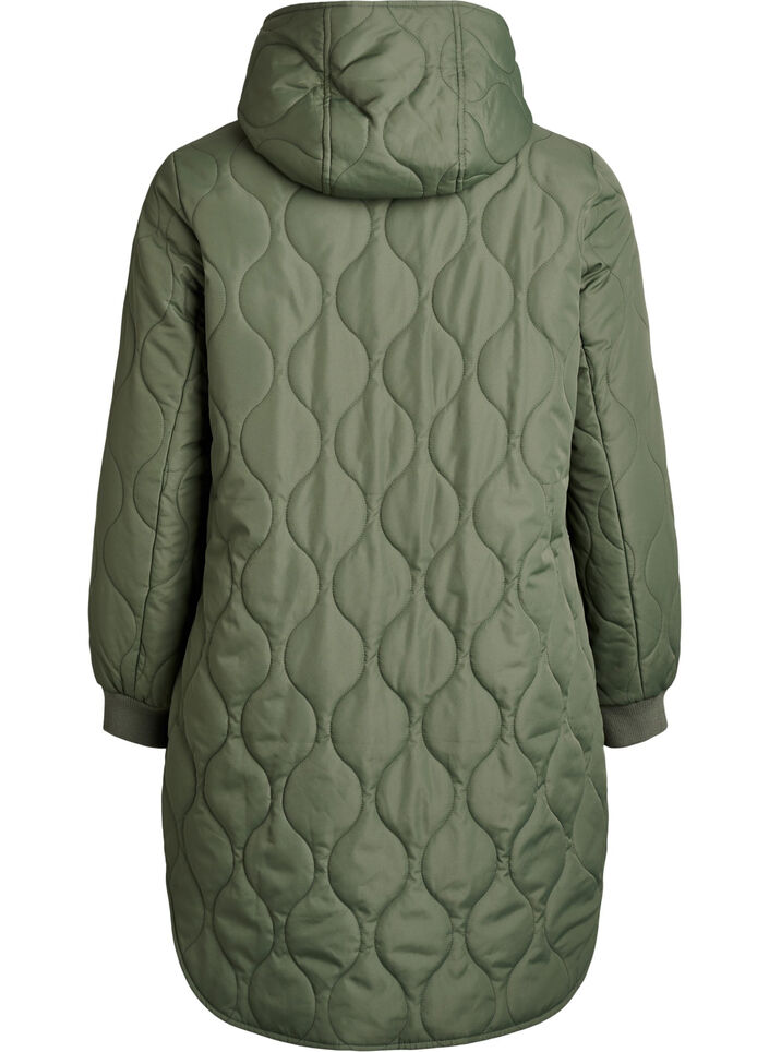 Mellemlang quiltet jakke med h&aelig;tte, Gr&oslash;n, Packshot image number 1