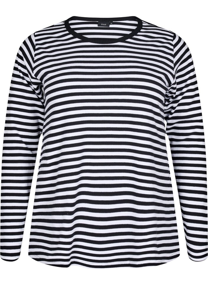 Stribet bluse med lange &aelig;rmer, Sort, Packshot image number 0
