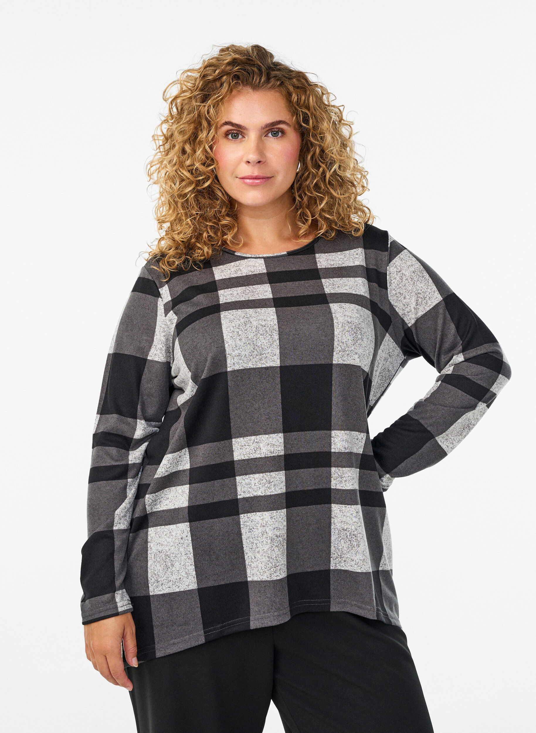 Zizzi M&oslash;nstret bluse med lange &aelig;rmer, Gr&aring;, Model image number 0