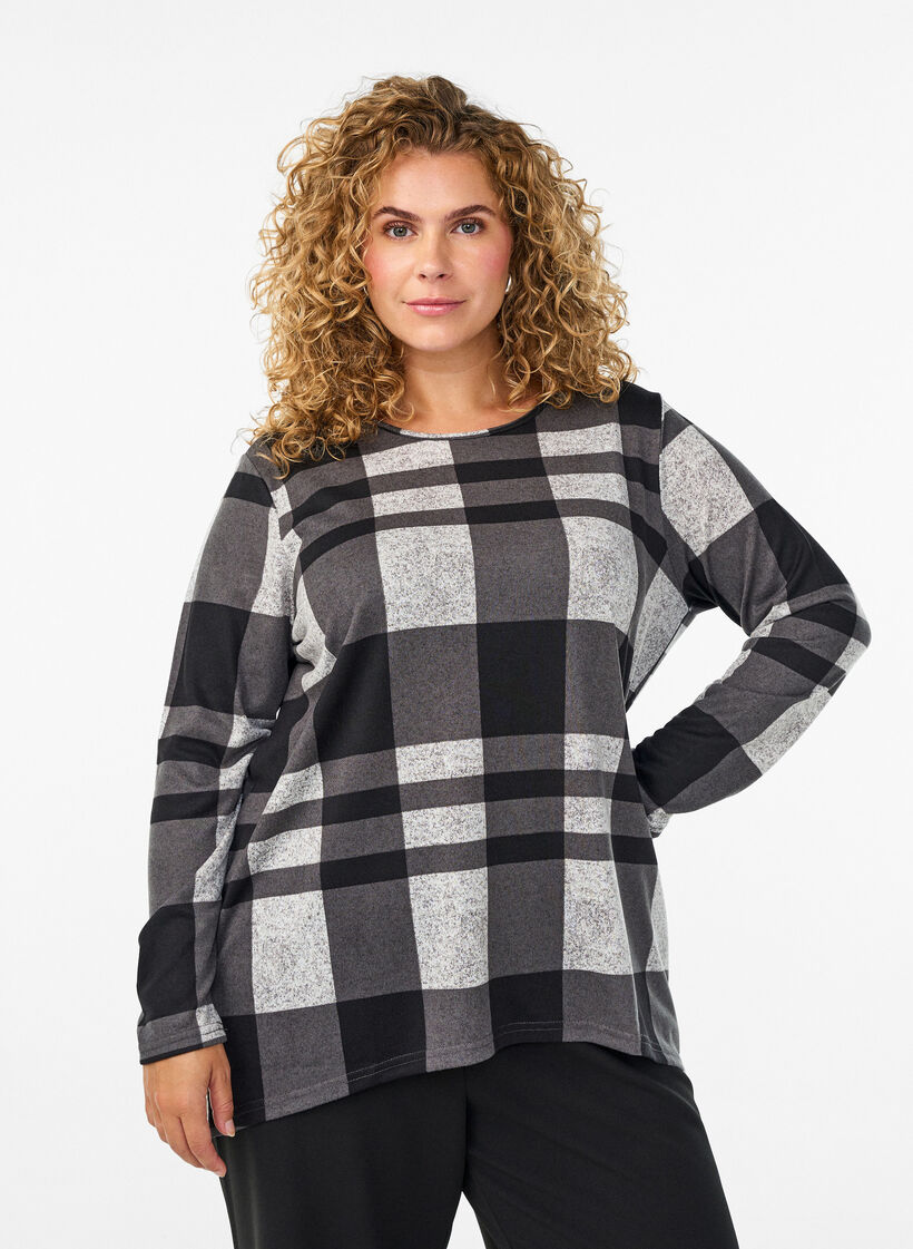 Mønstret bluse med lange ærmer, Grå, Model image number 0