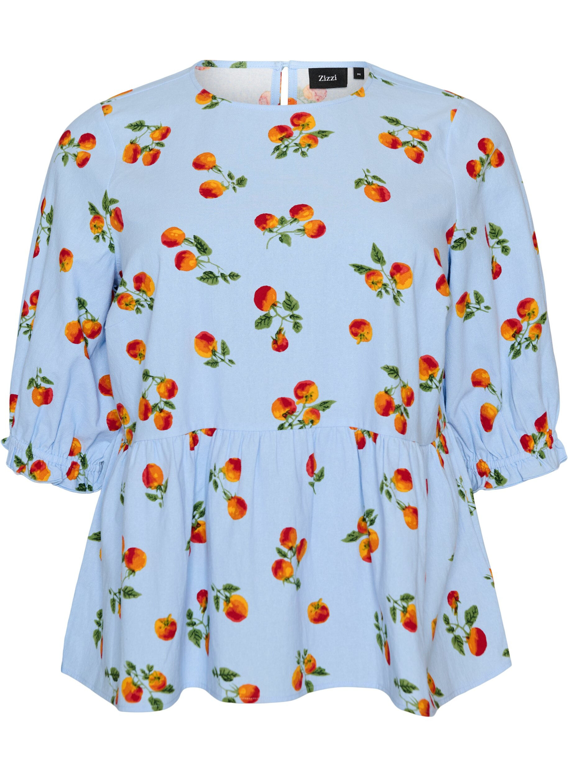 ZizziBomuldsbluse med tomatprint og peplum, Bl&aring;, Packshot image number 0