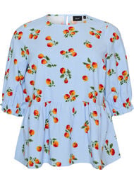 Bomuldsbluse med tomatprint og peplum, Bl&aring;