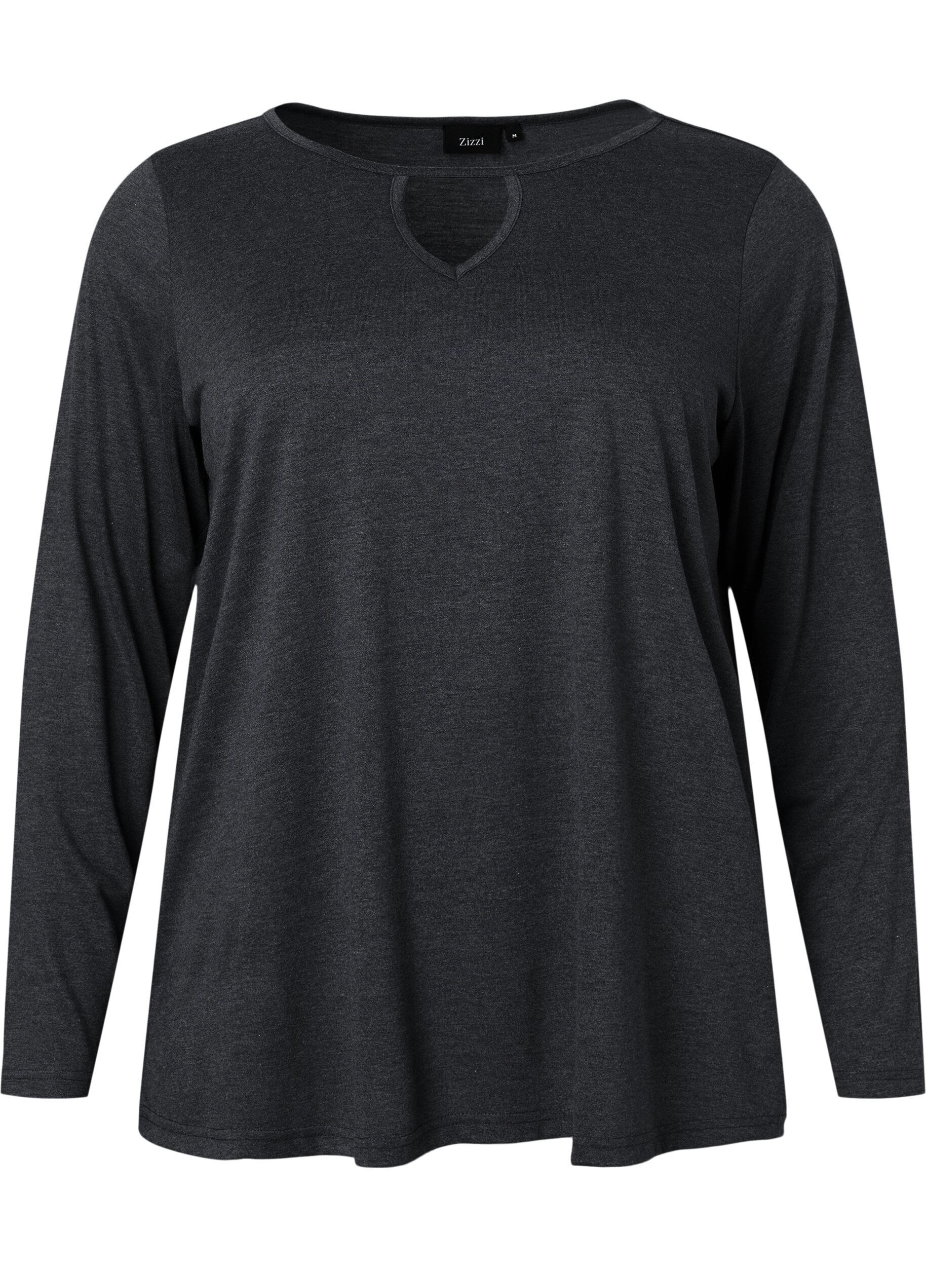 Zizzi Meleret bluse med lange &aelig;rmer, Black Mel. , Packshot image number 0