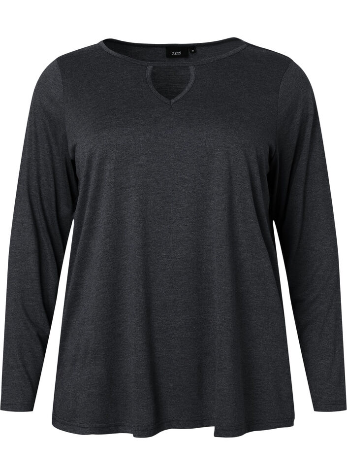 Meleret bluse med lange &aelig;rmer, Black Mel. , Packshot image number 0