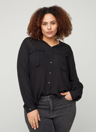 Viskose skjorte med brystlommer, Black, Model image number 0