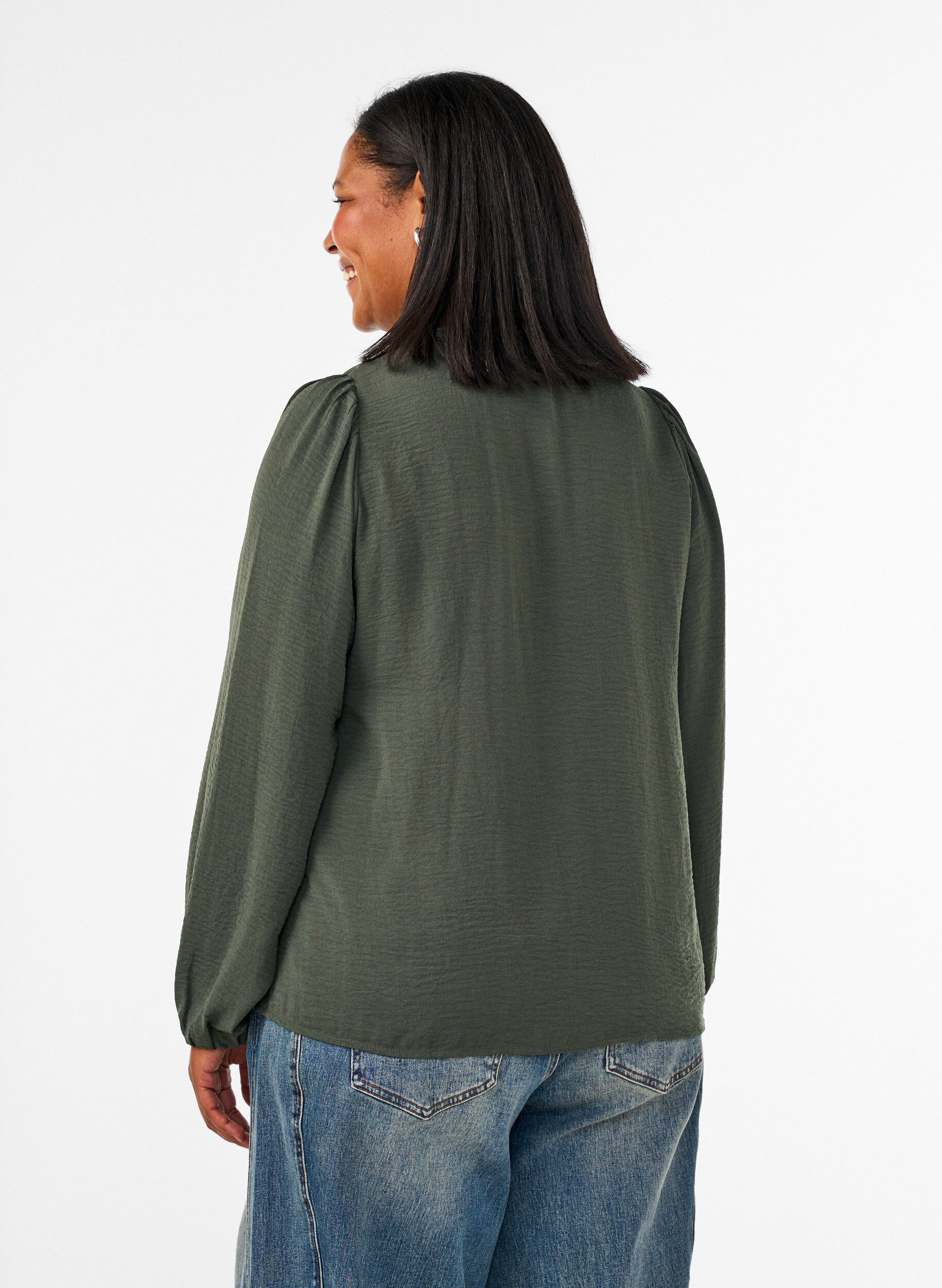 ZizziBluse med V-udsk&aelig;ring og crochetb&aring;nd, Gr&oslash;n, Model image number 2