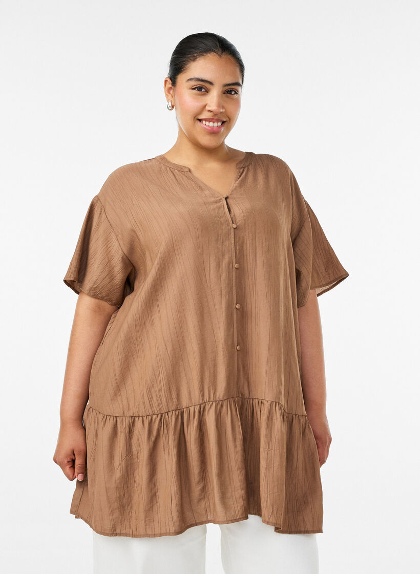 L&oslash;s tunika med kr&oslash;llet struktur og fl&aelig;sekant, Brun, Model image number 0