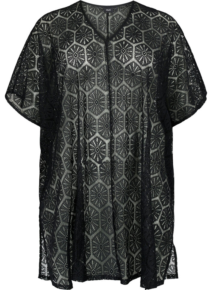 Kaftan strandkjole med hulmønster, Black, Packshot image number 0