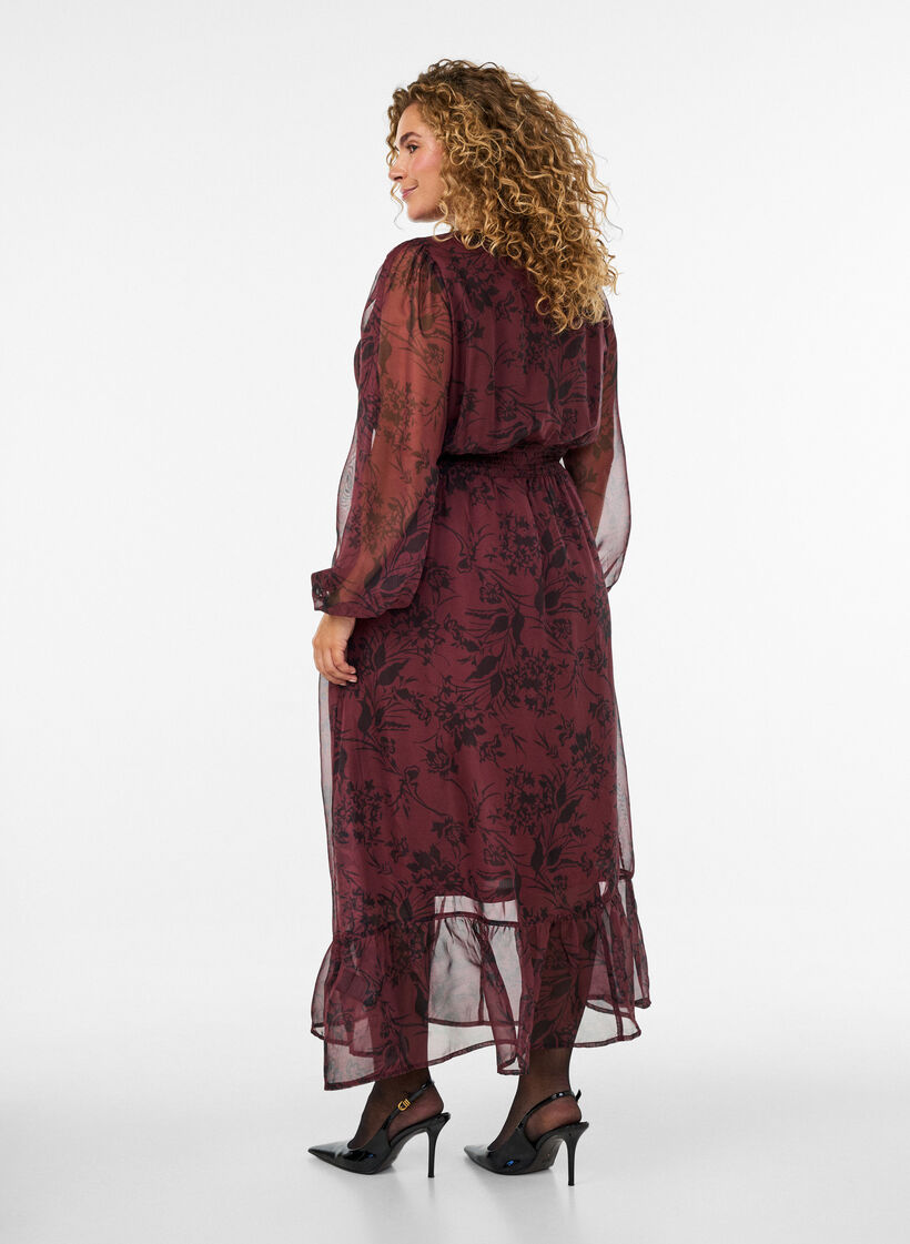 Maxikjole med blomsterprint og smock, M&oslash;rk Bordeaux, Model image number 1