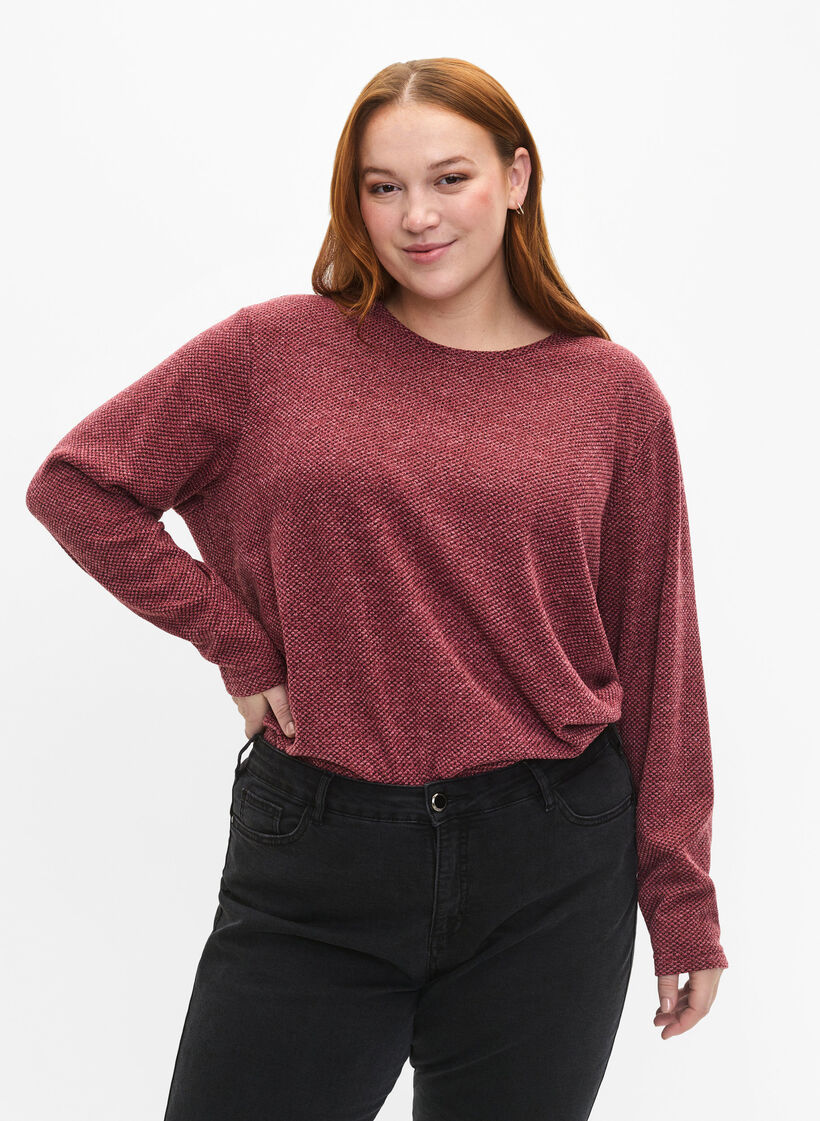 Meleret bluse med rund hals og lange &aelig;rmer, Dry Rose, Model image number 0