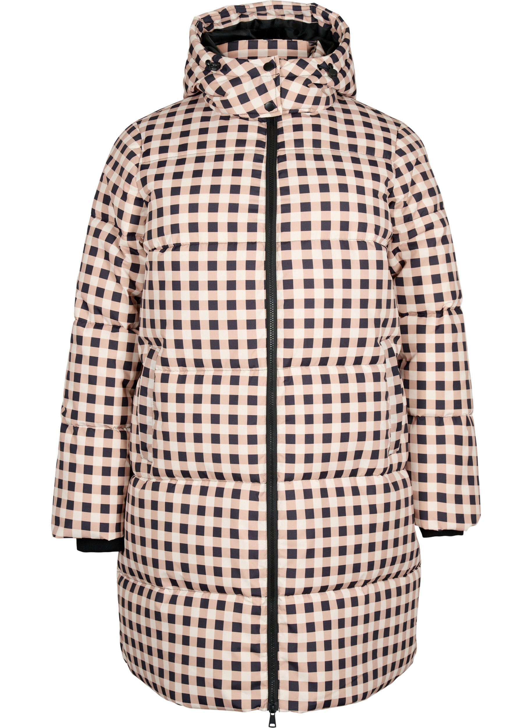 Zizzi Ternet puffer vinterjakke, Black w. Nomad Check, Packshot image number 0