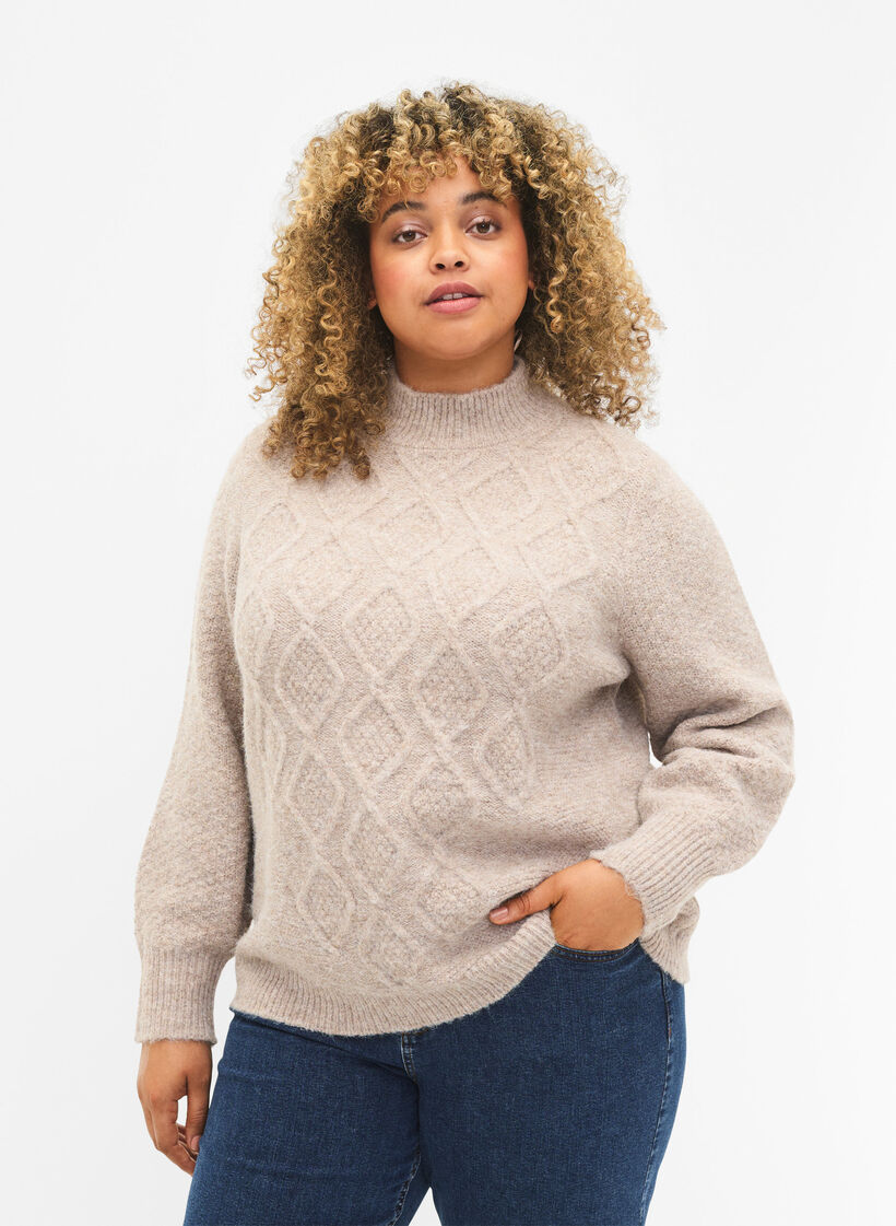 Mønstret striktrøje med turtleneck, Simply Taupe Mel., Model image number 0