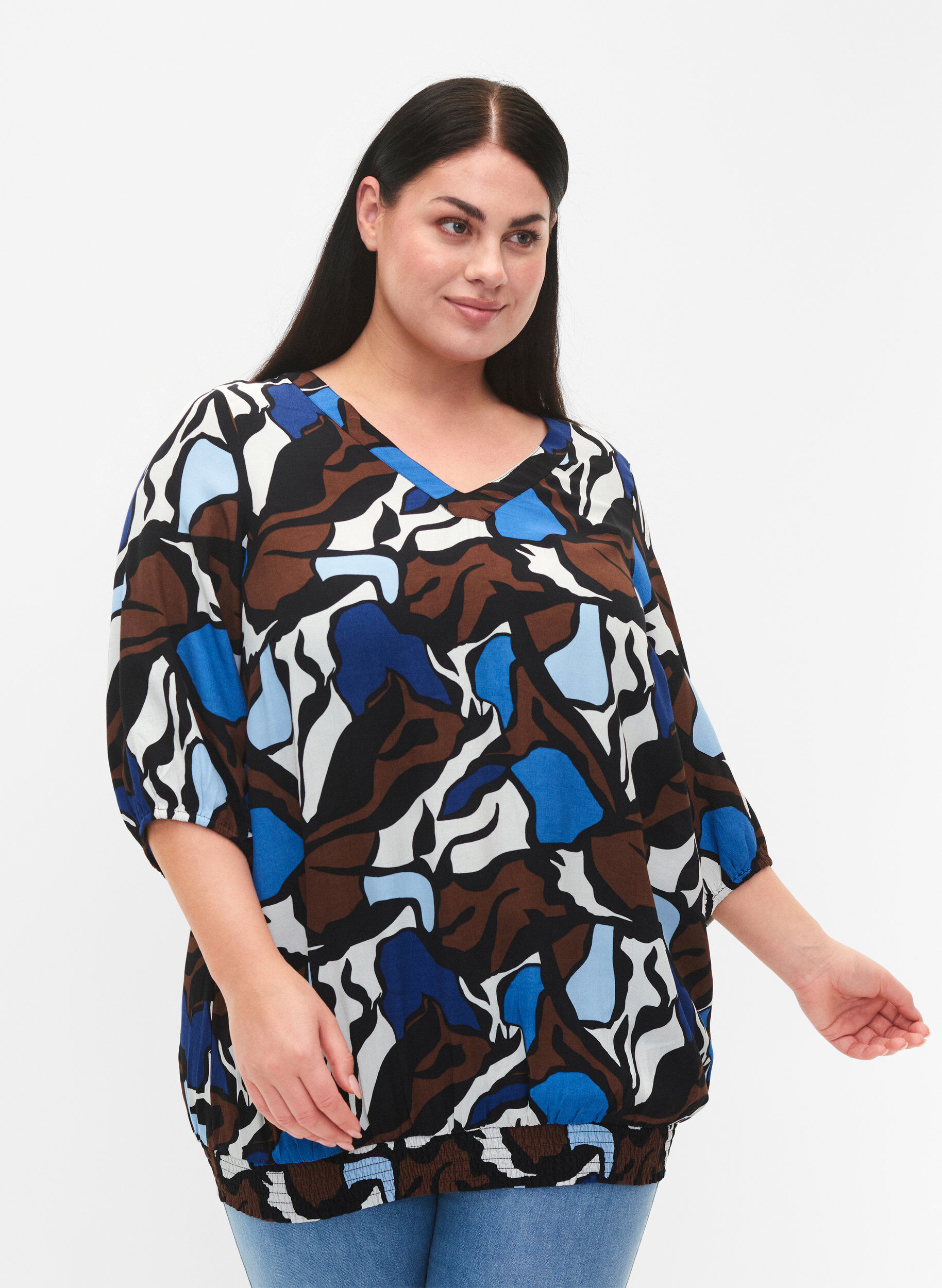 Zizzi Bluse i viskose med print og smock , Zafia AOP, Model image number 0