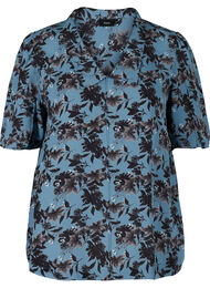 Blomstret visksoe bluse med korte ærmer og krave, Blue w. Flower AOP
