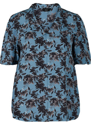 Blomstret visksoe bluse med korte ærmer og krave, Blue w. Flower AOP, Packshot image number 0