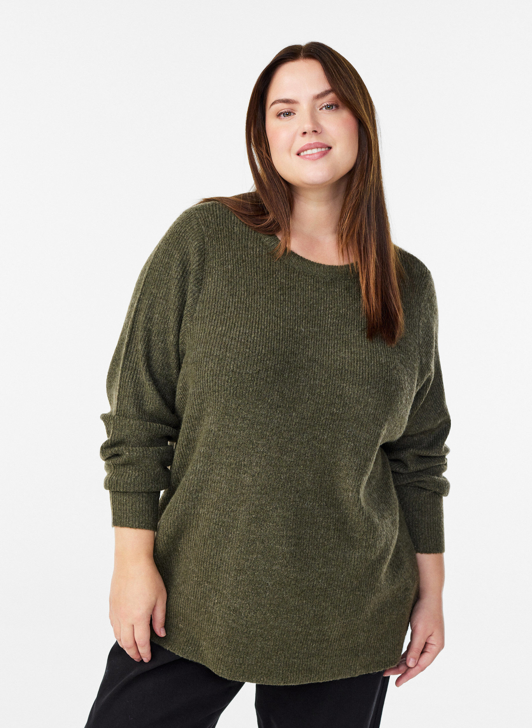 Meleret strikbluse med rund hals, Gr&oslash;n, Model