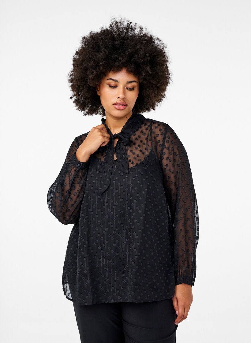 Chiffonbluse med prikket struktur, Black, Model image number 0