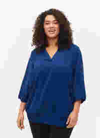 Bluse med smock og 3/4 ærmer, Blue Depths, Model