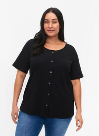 Kortærmet rib t-shirt med knapper, Black, Model