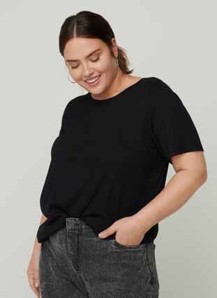 Ensfarvet rib t-shirt med korte ærmer, Black, Model image number 0