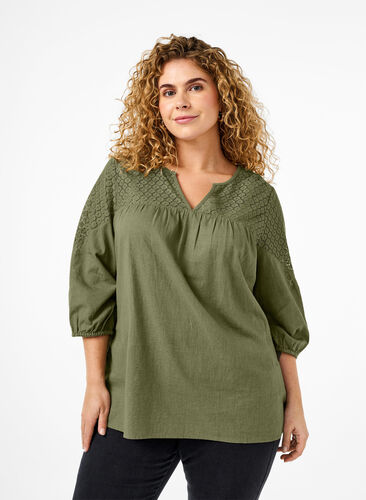 Bluse i bomuldsmix med hør og crochetdetalje, Deep Lichen Green, Model image number 0