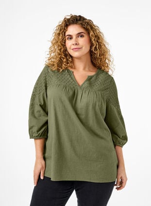 Bluse i bomuldsmix med hør og crochetdetalje, Deep Lichen Green, Model image number 0