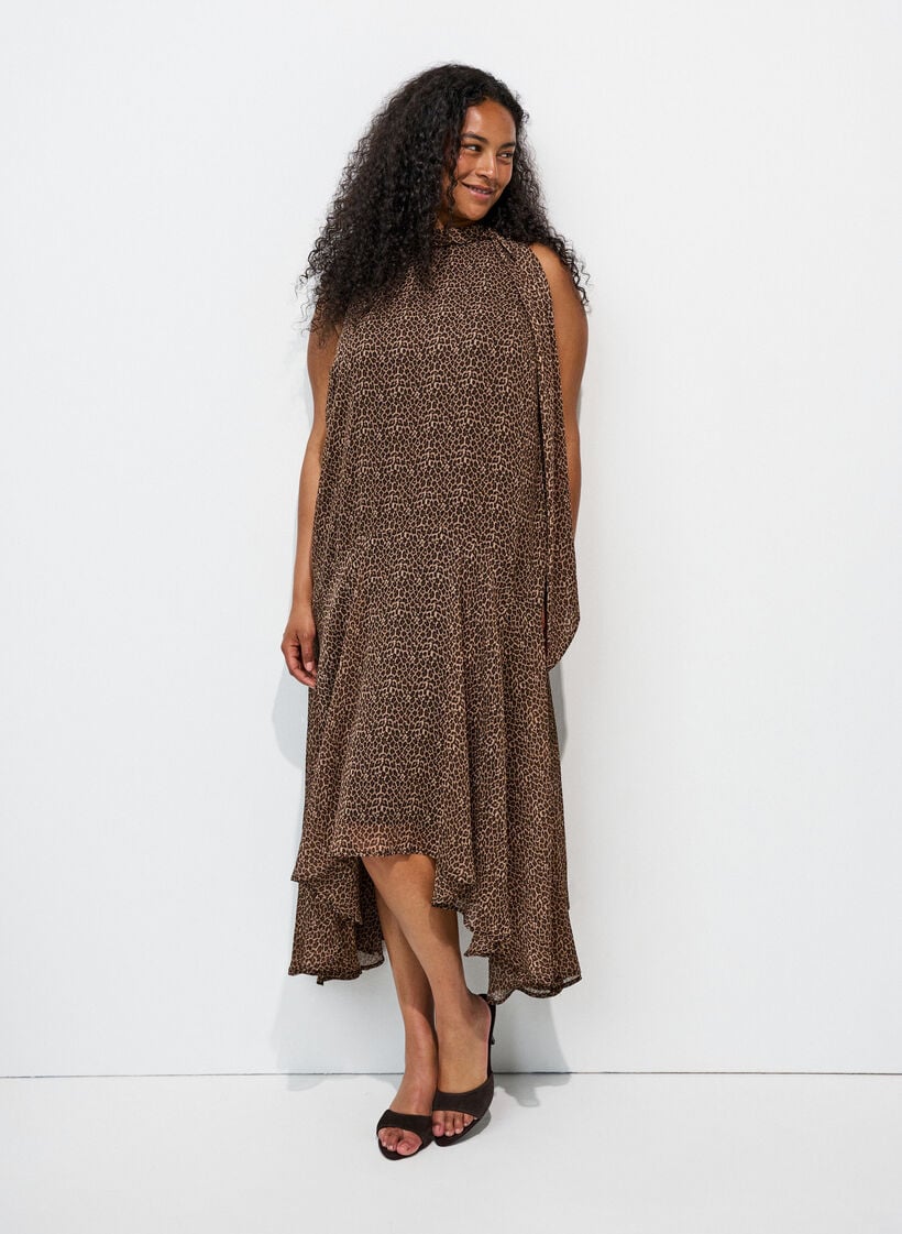 Midikjole i chiffon med leopardprint og bindeb&aring;nd, Brun, Model image number 0