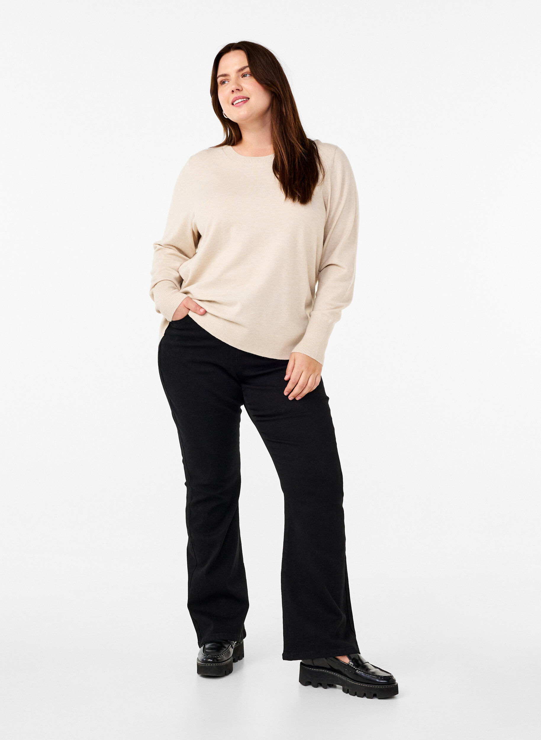 Zizzi FLASH - Strikbluse med rund hals, Beige, Model image number 1
