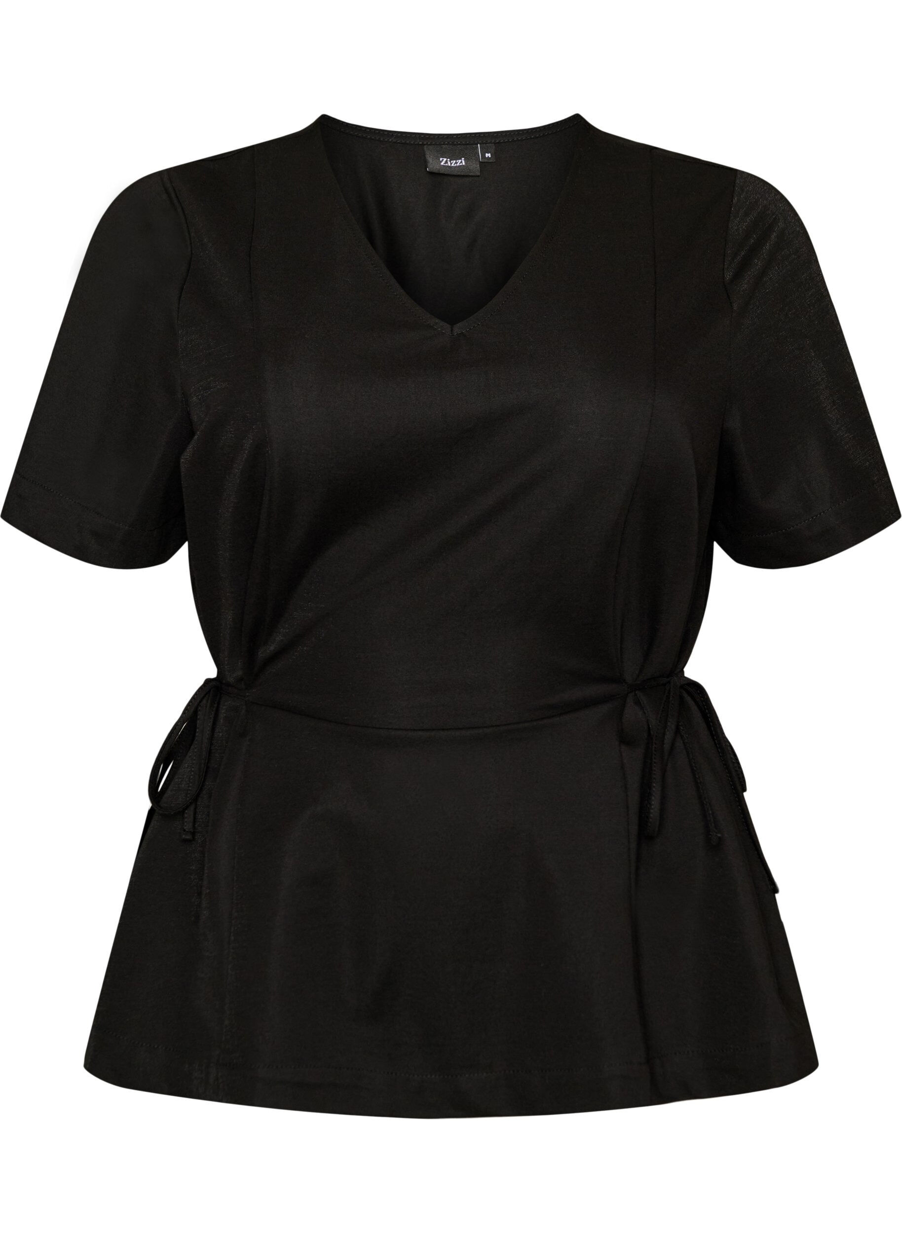 ZizziBluse i bomuldsblanding med V-hals og bindeb&aring;nd, Sort, Packshot image number 0