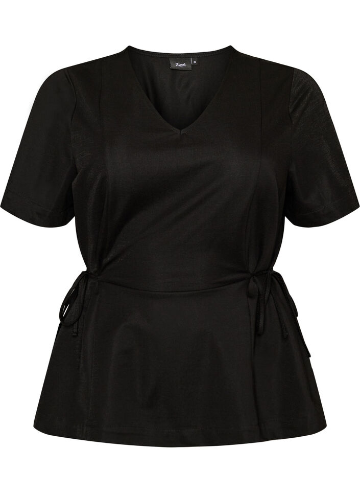 Bluse i bomuldsblanding med V-hals og bindeb&aring;nd, Sort, Packshot image number 0