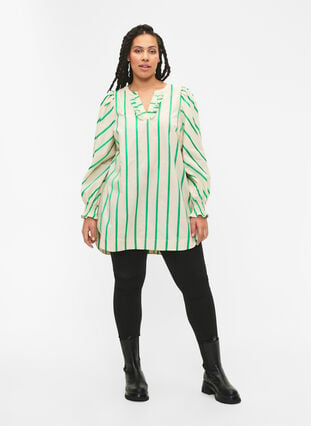 Stribet tunika i bomuld med smock og flæser, Beige Green Stripe, Model image number 2