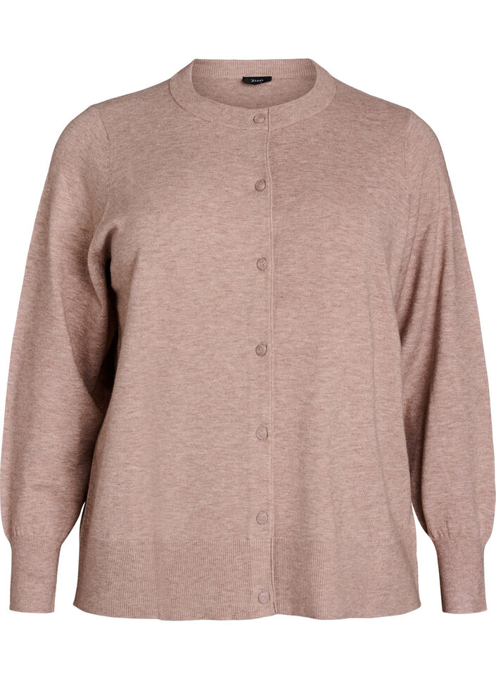 Cardigan med rund hals og stofbetrukne knapper, Beige, Packshot image number 0