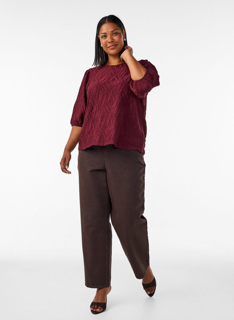 Bluse med tekstur og 3/4 &aelig;rmer, R&oslash;d, Model image number 1