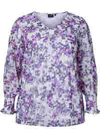 Blomstret bluse med lange ærmer og v-hals