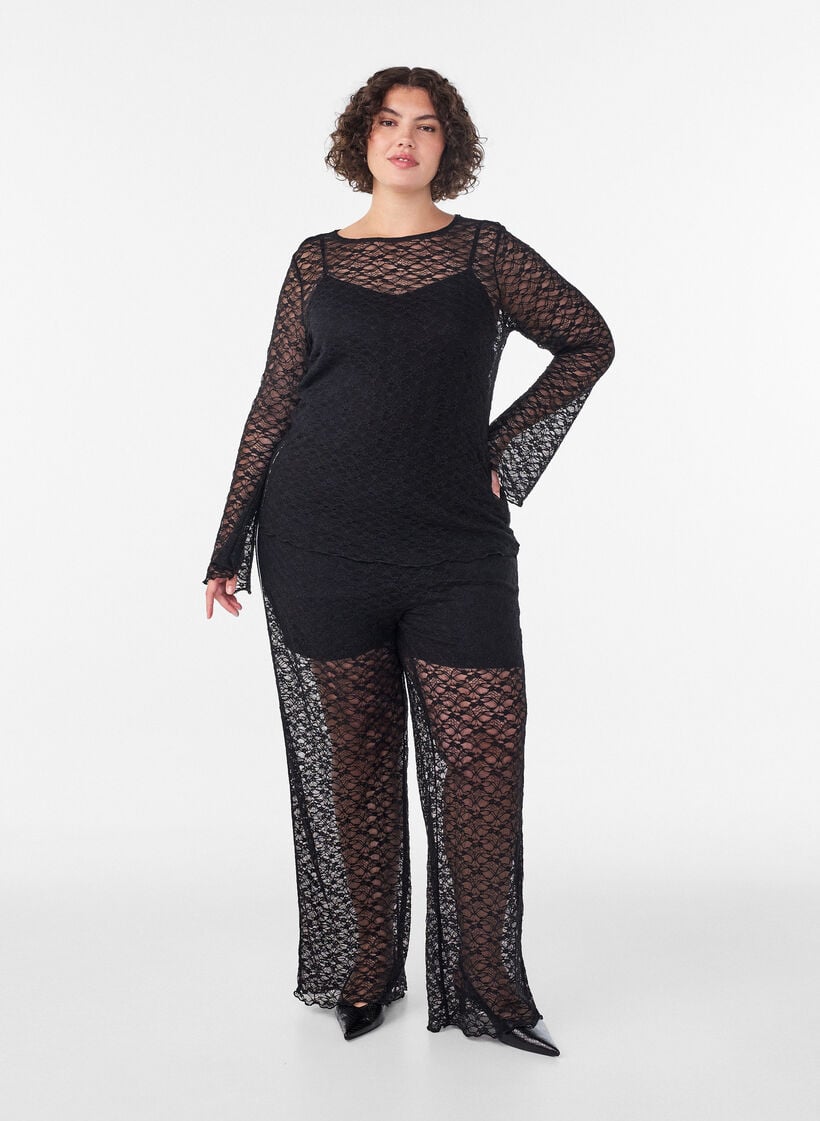 Transparent blondebluse med lange &aelig;rmer, Sort, Model image number 1