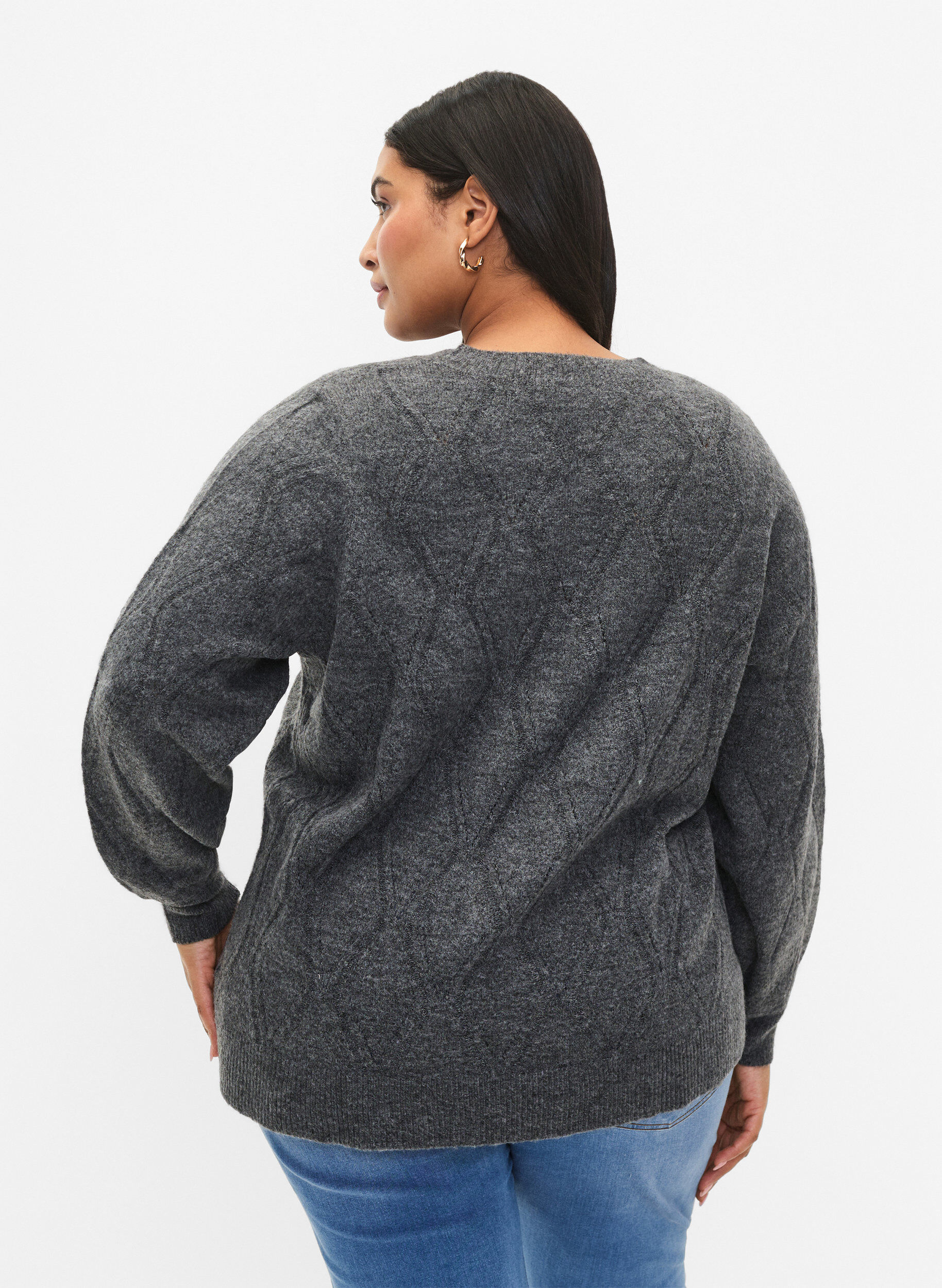 Zizzi Strikbluse med hulm&oslash;nster, Dark Grey Melange, Model image number 1