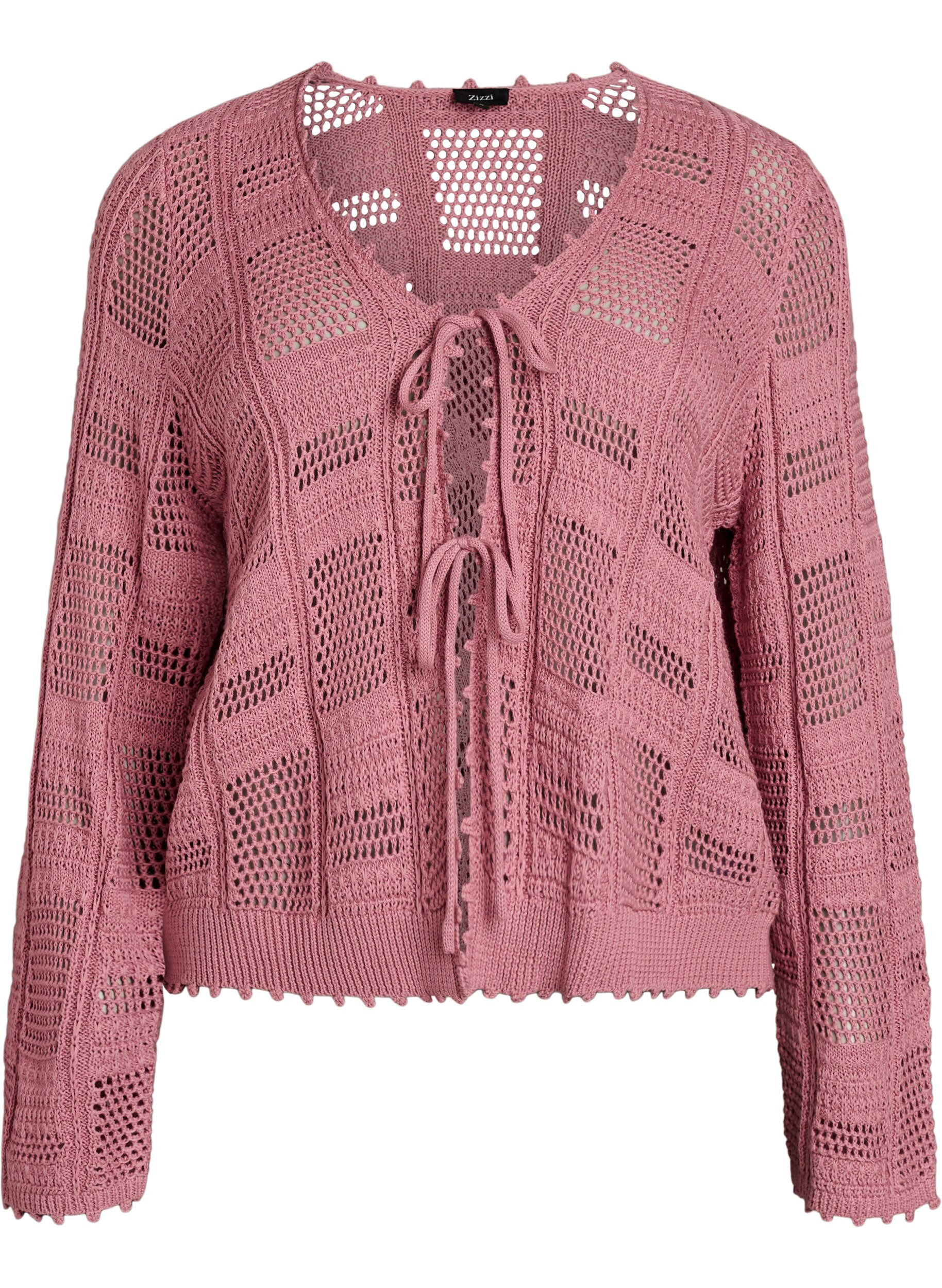 Zizzi Strikket cardigan med bindeb&aring;nd og hulm&oslash;nster, Lyser&oslash;d, Packshot image number 0