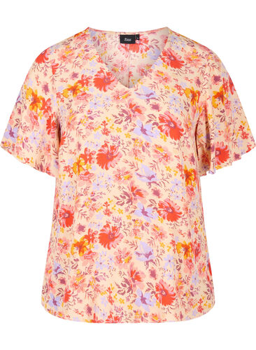 Kortærmet viskose bluse med blomsterprint, Red Orange AOP, Packshot image number 0
