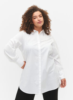 Lang skjorte i bomuld, Bright White, Model image number 0