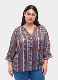 Bluse med print og 3/4 ærmer, Brown Blue Ethnic, Model