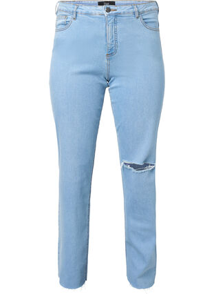 Højtaljede Gemma jeans med hul på knæet, Ex Lgt Blue, Packshot image number 0