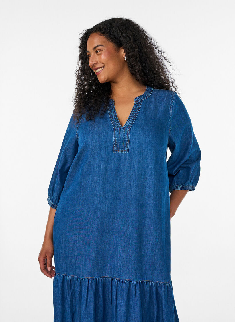 Denimkjole i maxil&aelig;ngde med fl&aelig;sesk&aelig;ringer, Bl&aring;, Model image number 2