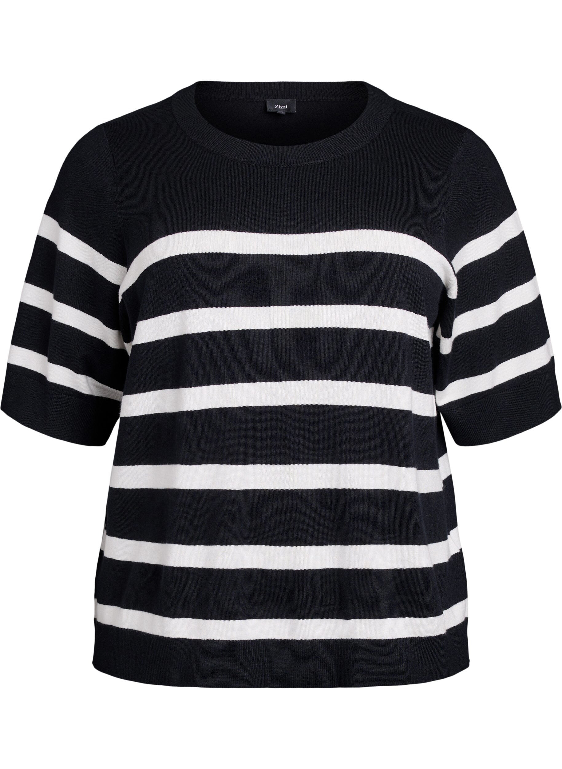 ZizziStribet strikbluse med korte &aelig;rmer, Sort, Packshot image number 0