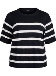 Stribet strikbluse med korte &aelig;rmer, Sort