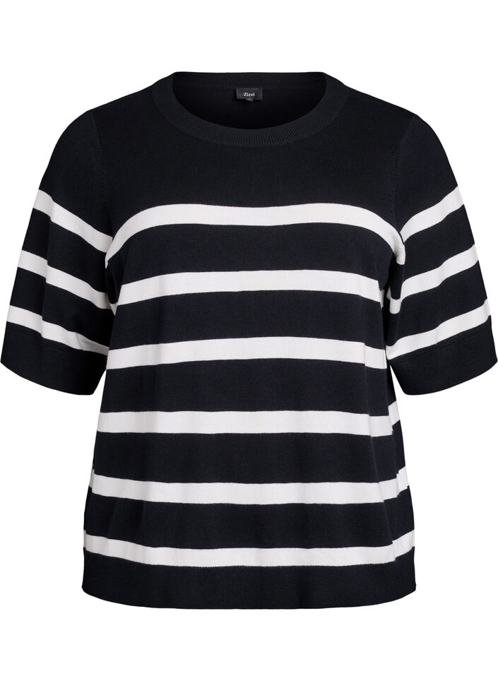 Stribet strikbluse med korte &aelig;rmer, Sort, Packshot image number 0