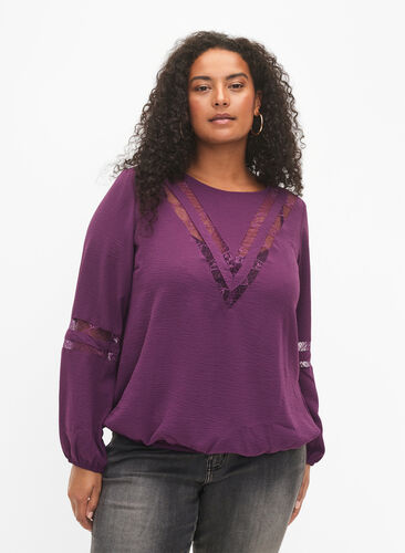 Langærmet bluse med blonder, Deep Purple, Model image number 0