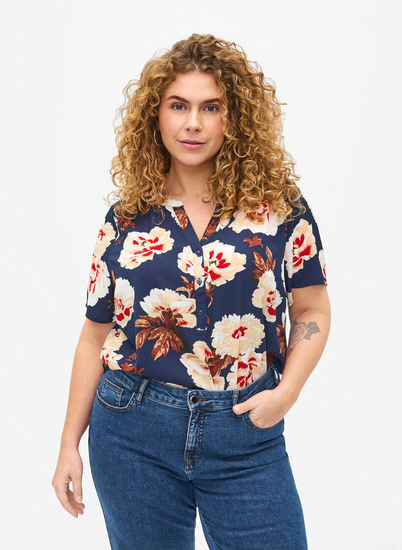 Bluse med korte &aelig;rmer og v-udsk&aelig;ring , Bl&aring;, Model image number 0