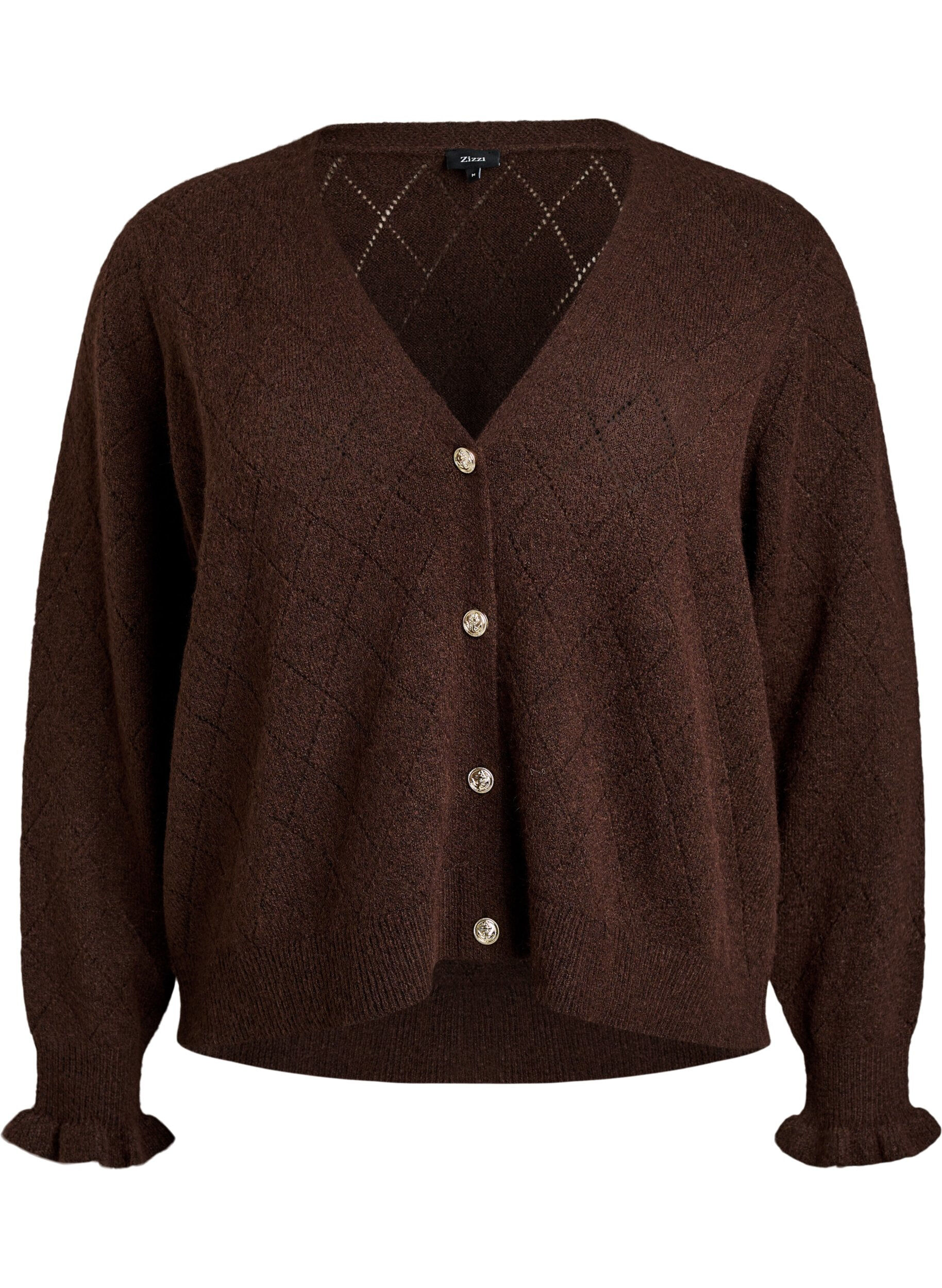ZizziCardigan med harlekinm&oslash;nster og V-hals, Brun, Packshot image number 0