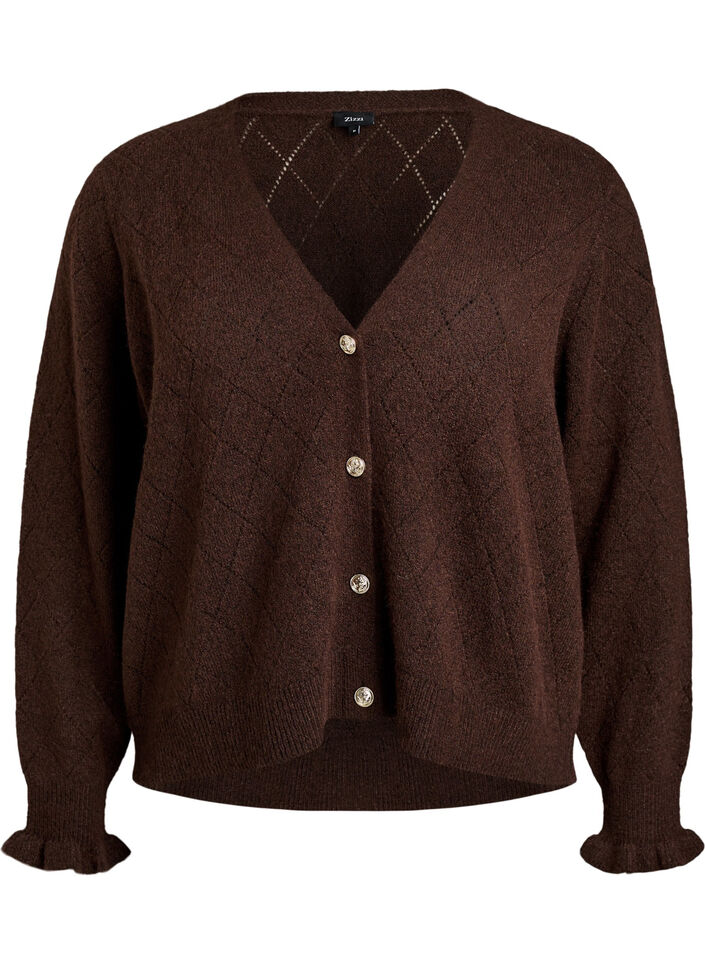 Cardigan med harlekinm&oslash;nster og V-hals, Brun, Packshot image number 0