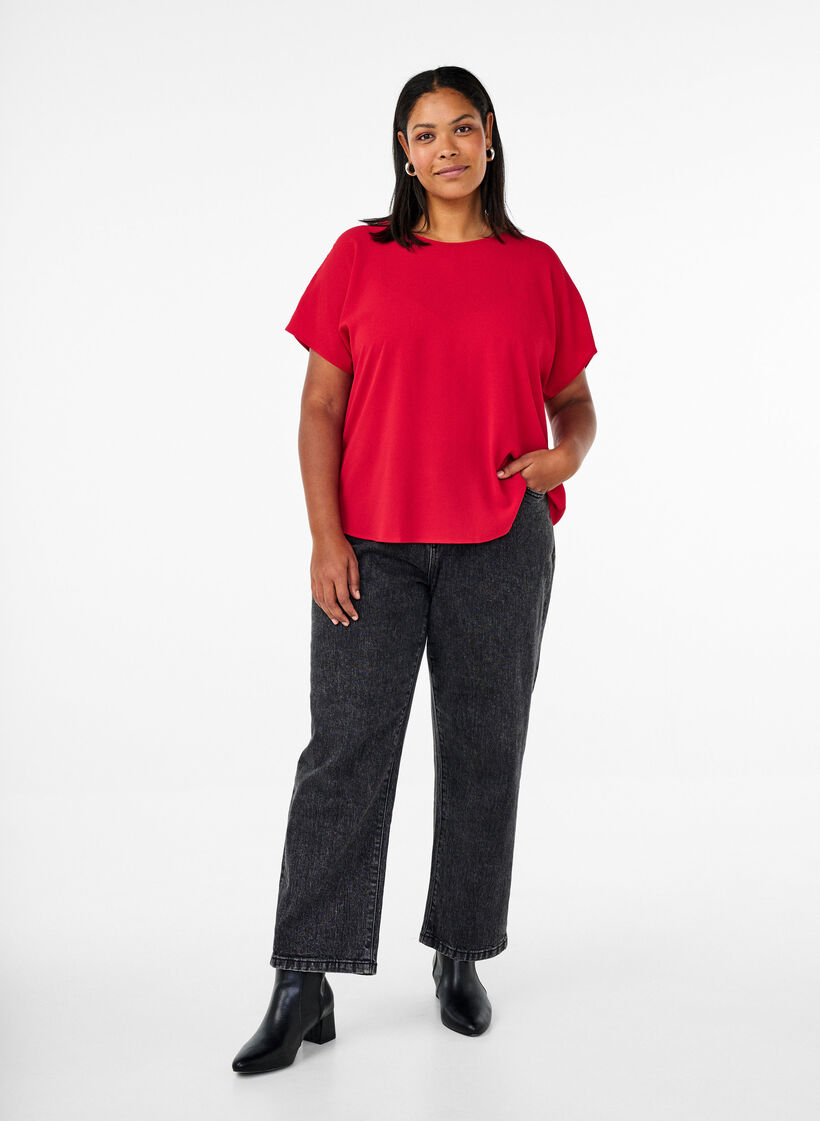 Bluse med korte &aelig;rmer og rund halsudsk&aelig;ring, R&oslash;d, Model image number 1